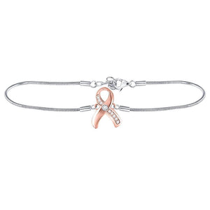 Sterling Silver Womens Round Diamond Pink Awareness Ribbon Fashion Bracelet 1/20 Cttw
