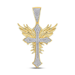 10kt Yellow Gold Mens Round Diamond Gothic Cross Blaze Wings Charm Pendant 1/2 Cttw