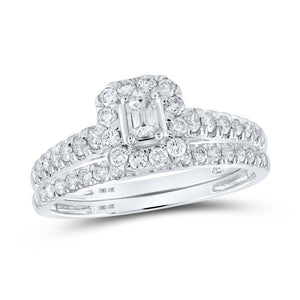 10kt White Gold Emerald Diamond Halo Bridal Wedding Ring Band Set 3/4 Cttw