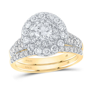 14kt Yellow Gold Round Diamond Halo Bridal Wedding Ring Band Set 2 Cttw