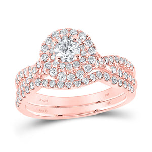 14kt Rose Gold Round Diamond Halo Bridal Wedding Ring Band Set 1 Cttw