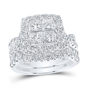 14kt White Gold Princess Diamond Square Bridal Wedding Ring Band Set 3 Cttw