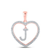 10kt Rose Gold Womens Round Diamond Heart J Letter Pendant 1/4 Cttw