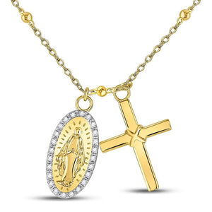 Yellow-tone Sterling Silver Womens Round Diamond Rosary Cross Necklace 1/10 Cttw