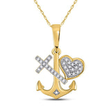 10kt Yellow Gold Womens Round Diamond Heart Cross Anchor Pendant 1/12 Cttw