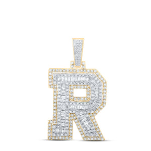 10kt Yellow Gold Mens Baguette Diamond R Initial Letter Charm Pendant 7/8 Cttw