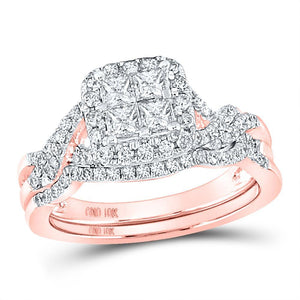 10kt Rose Gold Princess Diamond Square Bridal Wedding Ring Band Set 1 Cttw