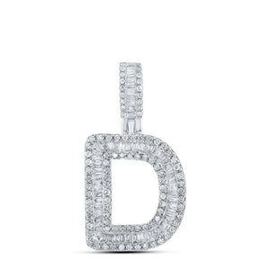 10kt White Gold Mens Baguette Diamond D Initial Letter Pendant 1/2 Cttw