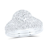 14kt White Gold Round Diamond Halo Bridal Wedding Ring Band Set 1-1/2 Cttw