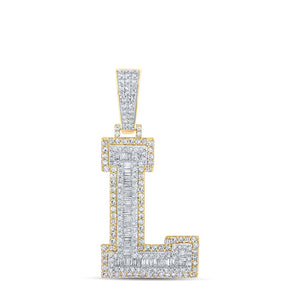 14kt Two-tone Gold Mens Baguette Diamond L Initial Letter Charm Pendant 1-1/2 Cttw