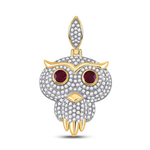 14kt Yellow Gold Mens Round Ruby Diamond Owl Bird Charm Pendant 2-5/8 Cttw