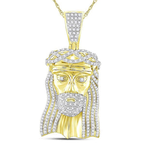 10kt Yellow Gold Mens Round Diamond Jesus Face Charm Pendant 3 Cttw