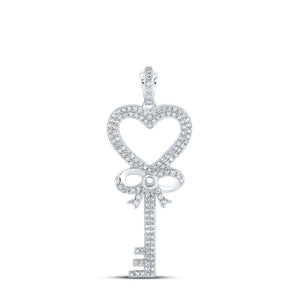 10kt White Gold Womens Round Diamond Heart Key Pendant 1/2 Cttw