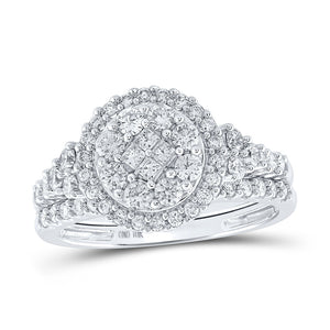10kt White Gold Princess Diamond Cluster Bridal Wedding Ring Band Set 1 Cttw