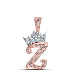 10kt Two-tone Gold Mens Round Diamond Crown Z Letter Charm Pendant 1-3/8 Cttw