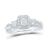 14kt White Gold Emerald Diamond Halo Bridal Wedding Ring Band Set 3/4 Cttw