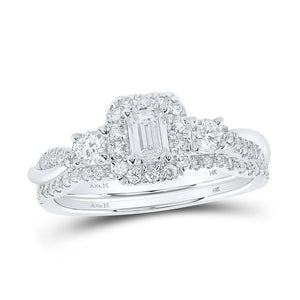 14kt White Gold Emerald Diamond Halo Bridal Wedding Ring Band Set 3/4 Cttw