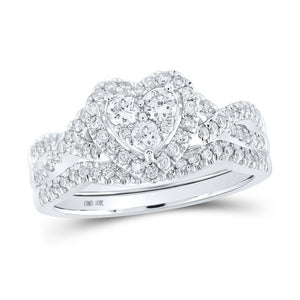 10kt White Gold Round Diamond Heart Bridal Wedding Ring Band Set 5/8 Cttw