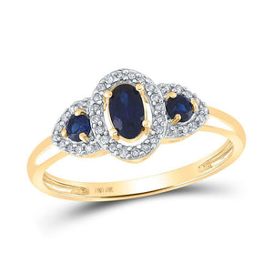 10kt Yellow Gold Womens Oval Synthetic Blue Sapphire 3-stone Ring 5/8 Cttw