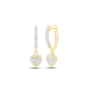10kt Yellow Gold Womens Round Diamond Heart Hoop Dangle Earrings 1/4 Cttw