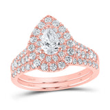 14kt Rose Gold Pear Diamond Halo Bridal Wedding Ring Band Set 1-1/2 Cttw