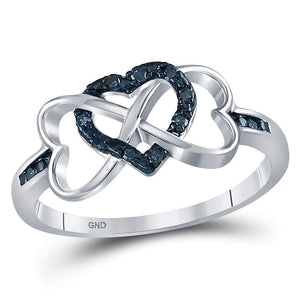 Sterling Silver Womens Round Color Enhanced Blue Diamond Triple Heart Infinity Ring 1/10 Cttw