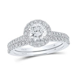 14kt White Gold Round Diamond Halo Bridal Wedding Ring Band Set 1-1/2 Cttw