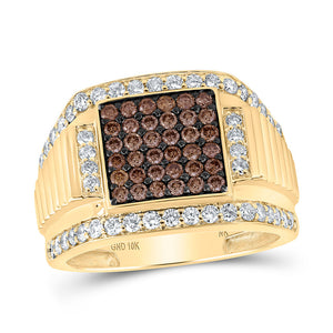 10kt Yellow Gold Mens Round Brown Diamond Square Ring 1-5/8 Cttw