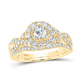 10kt Yellow Gold Round Diamond Halo Bridal Wedding Ring Band Set 1 Cttw