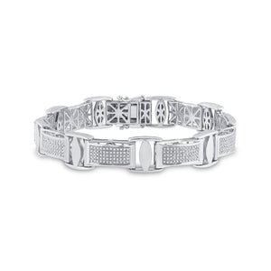Sterling Silver Mens Round Diamond Rectangle Link Bracelet 1-5/8 Cttw