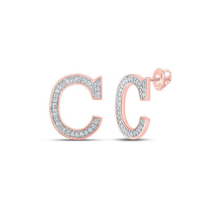 10kt Rose Gold Womens Round Diamond C Initial Letter Earrings 1/8 Cttw