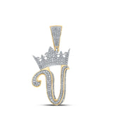 10kt Two-tone Gold Mens Round Diamond V Crown Letter Charm Pendant 1-1/5 Cttw