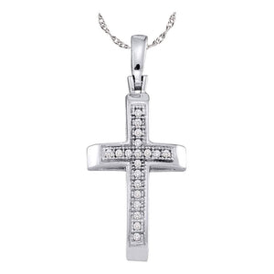 Sterling Silver Womens Round Diamond Cross Pendant 1/20 Cttw