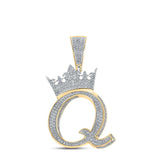 10kt Two-tone Gold Mens Round Diamond Q Crown Letter Charm Pendant 1-3/8 Cttw