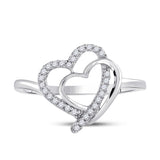 Sterling Silver Womens Round Diamond Double Heart Ring 1/6 Cttw