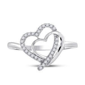 Sterling Silver Womens Round Diamond Double Heart Ring 1/6 Cttw