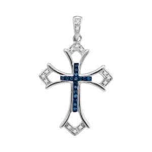 Sterling Silver Womens Round Blue Color Enhanced Diamond Cross Pendant 1/10 Cttw