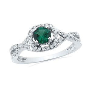 10kt White Gold Womens Round Synthetic Emerald Solitaire Diamond Ring 3/4 Cttw