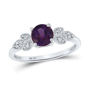 10kt White Gold Womens Round Synthetic Amethyst Floral Solitaire Ring 7/8 Cttw