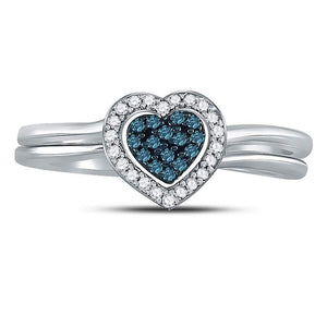 Sterling Silver Womens Round Blue Color Enhanced Diamond Heart Bridal Wedding Set 1/8 Cttw