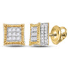 10kt Yellow Gold Round Diamond Square Fluted 3D Cluster Stud Earrings 1/3 Cttw