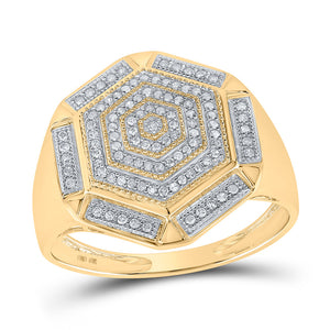 10kt Yellow Gold Mens Round Diamond Hexagon Cluster Ring 1/3 Cttw