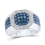 10kt White Gold Mens Round Blue Color Treated Diamond Octagon Ring 1-1/5 Cttw