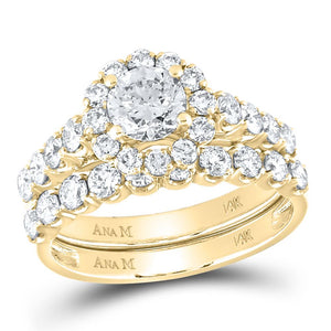 14kt Yellow Gold Round Diamond Halo Bridal Wedding Ring Band Set 2 Cttw