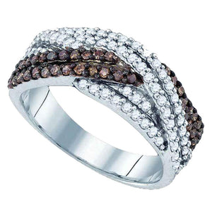 Sterling Silver Womens Round Brown Diamond Crossover Band Ring 3/4 Cttw