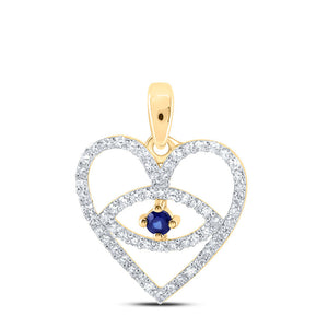 10kt Yellow Gold Womens Round Blue Sapphire Diamond Eye Heart Pendant 1/3 Cttw