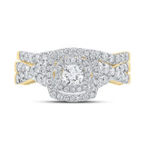 14kt Yellow Gold Round Diamond Halo Bridal Wedding Ring Band Set 1 Cttw