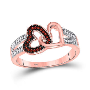 10kt Rose Gold Womens Round Red Color Enhanced Diamond Double Heart Ring 1/6 Cttw