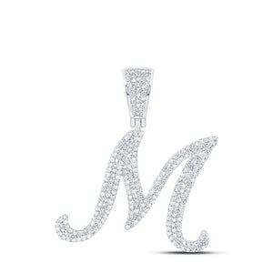 10kt White Gold Mens Round Diamond M Initial Charm Pendant 1-1/5 Cttw