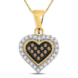 10kt Yellow Gold Womens Round Brown Diamond Heart Cluster Pendant 1/8 Cttw